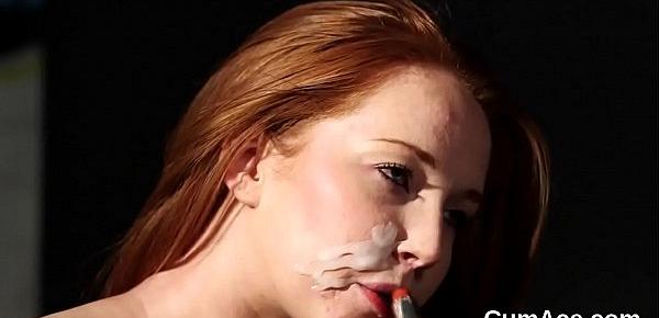  Frisky idol gets cum shot on her face sucking all the spunk